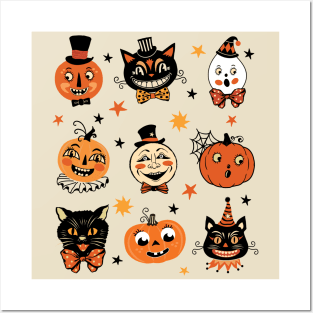 Vintage Halloween Folk Art Retro Pumpkins and Cats Posters and Art